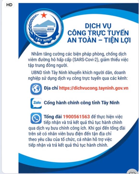 Từ ngày 30/3/2020 Bộ phận Một cửa chỉ tiếp nhận hồ sơ trực tuyến trên Cổng dịch vụ công Tây Ninh tại địa chỉ https://dichvucong.tayninh.gov.vn